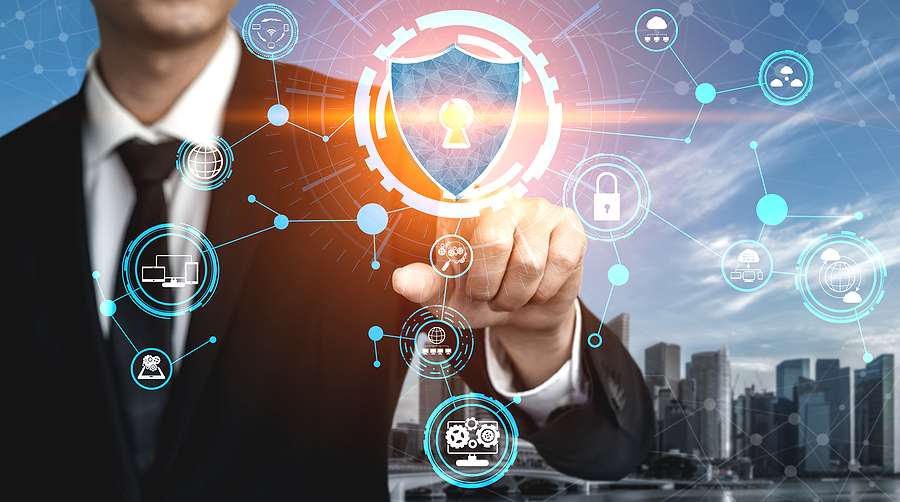 Cyber Security and Digital Data Protection Concept. Icon graphic interface showing secure firewall technology for online data access defense against hacker, virus and insecure information for privacy.